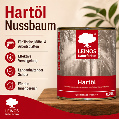 LEINOS Holzöl 750 ml | Hartöl Nussbaum für Tische Möbel Arbeitsplatten | Teak Eiche Möbelöl für effektive Versiegelung und langanhaltenden Schutz im Innenbereich