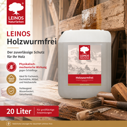 LEINOS Holzwurmfrei 130 | 20 Liter  Holzschutz gegen Insekten- & Pilzbefall | Für Innen, überdachten Außenbereich & Feuchträume | Holzverfestiger mit physikalisch-mechanischer Wirkung