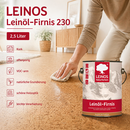 LEINOS Leinöl-Firnis 230 – 2,5 L offenporige Grundierung für stark saugende Untergründe innen wie Hirnholzparkett, Kork, Terracotta – ohne Filmschutz für außen – lösemittelfrei