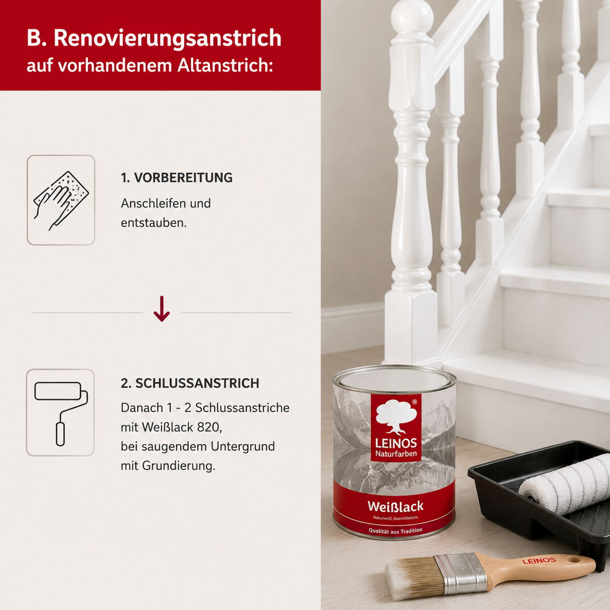 LEINOS 820 Weißlack Glänzend | 2,5 L Innen & Außen | Wohngesunder Naturharz-Öl Lack, wetterfest & strapazierfähig | ca. 20 m² Reichweite | Für Türen, Fenster, Möbel & Holzflächen | Profiqualität