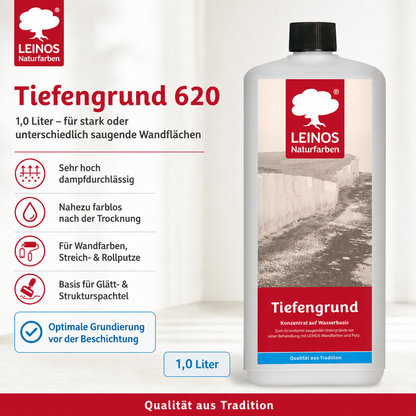 LEINOS Tiefengrund 620/ 1  Liter  – natürliche Grundierung für stark saugende Untergründe | Transparent, hoch dampfdurchlässig | Vorbereitung für Wandfarbe & Putz | 1L reicht für bis zu 25 m²