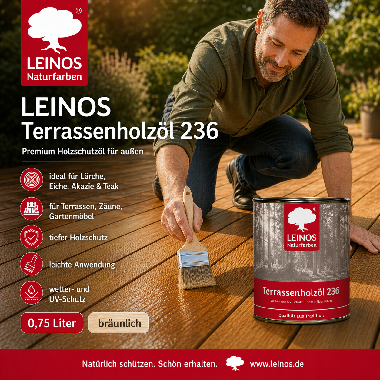 Leinos Terrassenholzöl 0,75l – bräunlich Premium Holzschutzöl für außen, ideal für Lärche, Eiche, Akazie & Teak – Teaköl & Lärchenöl für Terrassen, Zäune, Gartenmöbel, Kinderspielgeräte & mehr