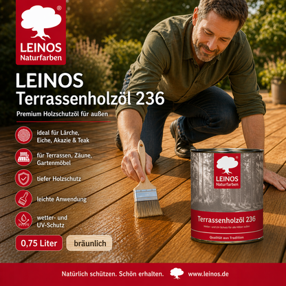 Leinos Terrassenholzöl 0,75l – bräunlich Premium Holzschutzöl für außen, ideal für Lärche, Eiche, Akazie & Teak – Teaköl & Lärchenöl für Terrassen, Zäune, Gartenmöbel, Kinderspielgeräte & mehr