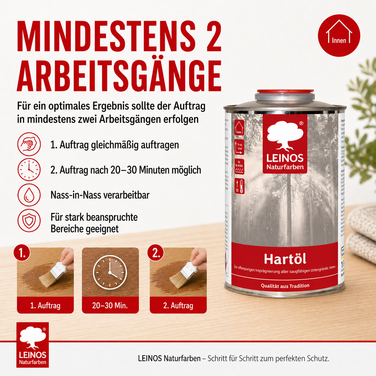 LEINOS Holzöl 1,0 l | Farbloses Hartöl für Möbel, Tische, Arbeitsplatten | Öl für Teak, Eiche & weitere Hölzer | Natürliche Imprägnierung & effektive Versiegelung mit langanhaltendem Schutz innen