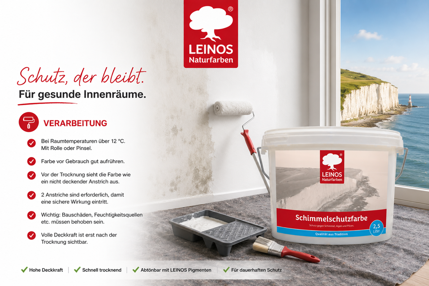 LEINOS 695 Schimmelschutzfarbe 2,5 l für Innenräume, gegen Schimmel, Algen und Pilze, biozidfrei, lösemittelfrei, diffusionsoffen, natürliche Wirkung, hohe Deckkraft, weiß, gebrauchsfertig Innenwände!