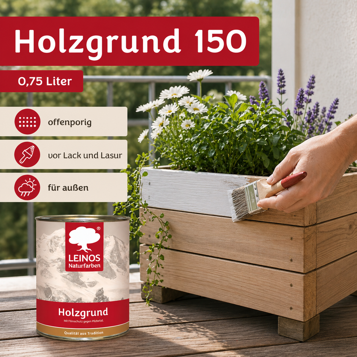 LEINOS 150 Holzgrund 10 l – offenporige Holzgrundierung für Lack- und Lasuranstriche außen, mit Filmschutz gegen Bläuebefall, tiefenwirksam, transparent-bräunlich, reicht bis ca. 144 m²
