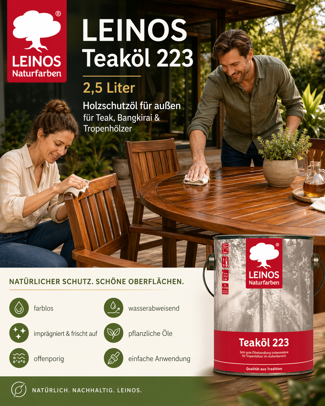 LEINOS Teaköl 223 – 2,5 Liter Holzschutzöl für außen, farblos, für Teak, Bangkirai & Tropenhölzer, imprägniert & frischt auf, pflanzliche Öle, offenporig, wasserabweisend, einfache Anwendung