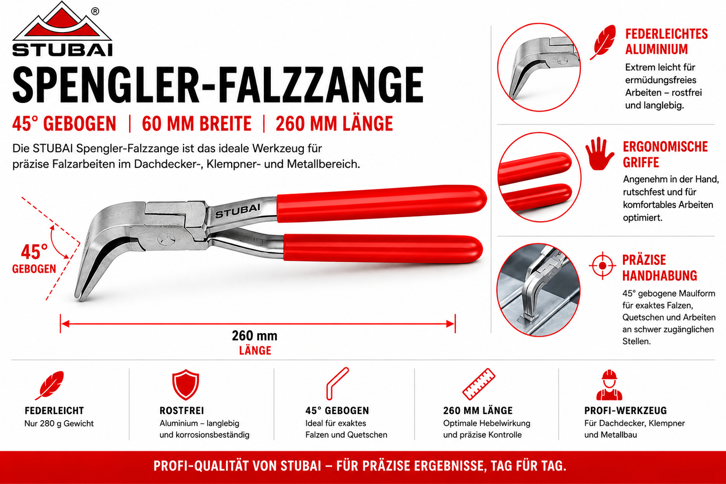 STUBAI Spengler-Falzzange 45° gebogen 60 mm | Aluminium, federleicht & rostfrei | Ergonomische Blechzange nur 280 g | Profi-Werkzeug für Dachdecker, Klempner & Metallbau | 260 mm Länge, präzise Handhabung