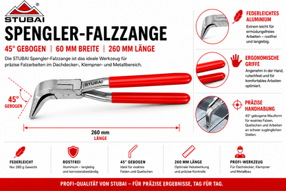 STUBAI Spengler-Falzzange 45° gebogen 60 mm | Aluminium, federleicht & rostfrei | Ergonomische Blechzange nur 280 g | Profi-Werkzeug für Dachdecker, Klempner & Metallbau | 260 mm Länge, präzise Handhabung