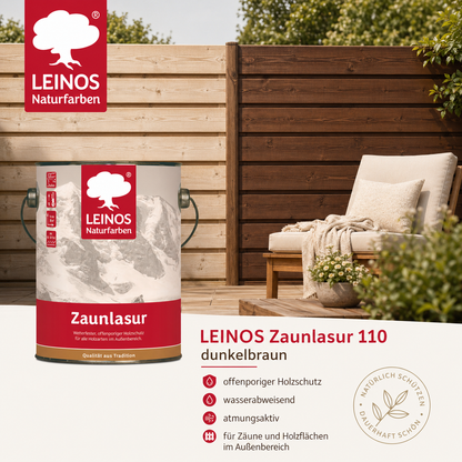 LEINOS Zaunlasur 110 dunkelbraun – wetterfeste Holzlasur für außen, offenporiger Holzschutz, wasserabweisend & atmungsaktiv, 2,5 l für bis zu 36 m² dunkelbraun