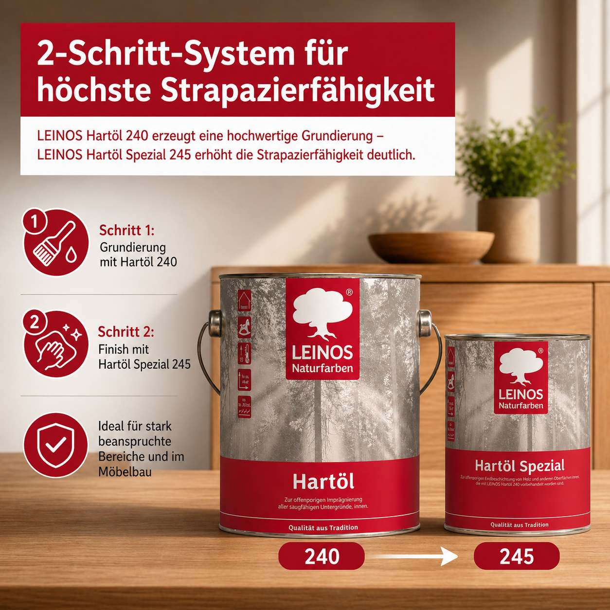 LEINOS Holzöl 2,5 l im Set mit Hartöl Spezial 750 ml als Finish | Farbloses Möbelöl für stark beanspruchte Oberflächen | Effektive Versiegelung und langanhaltenden Schutz im Innenbereich