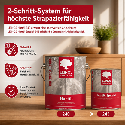 LEINOS Holzöl 2,5 l im Set mit Hartöl Spezial 750 ml als Finish | Farbloses Möbelöl für stark beanspruchte Oberflächen | Effektive Versiegelung und langanhaltenden Schutz im Innenbereich