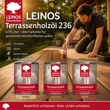 Leinos Terrassenholzöl 0,75l – rötliches Premium Holzschutzöl für außen, ideal für Lärche, Eiche, Akazie & Teak – Teaköl & Lärchenöl für Terrassen, Zäune, Gartenmöbel, Kinderspielgeräte & mehr