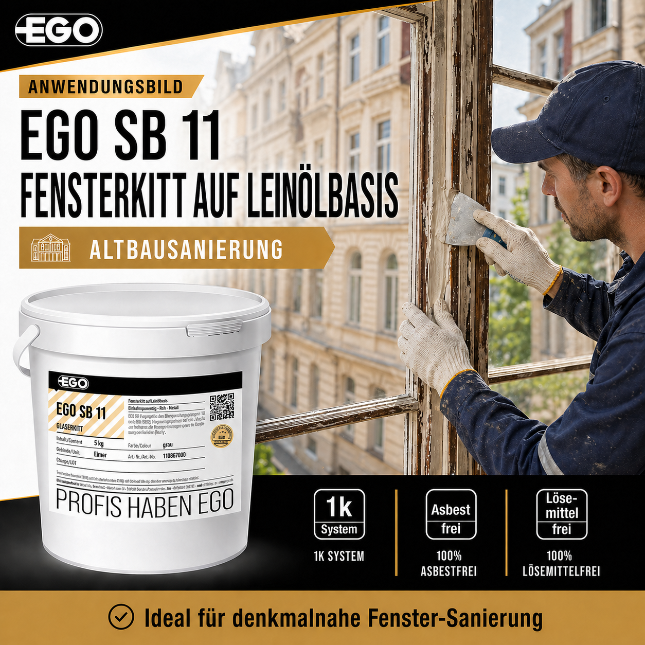 EGO SB 11 Fensterkitt – schnellbindender Glaserkitt für Einfachverglasung | 5 kg bis 25 kg | Made in Bayern