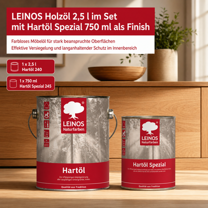 LEINOS Holzöl 2,5 l im Set mit Hartöl Spezial 750 ml als Finish | Farbloses Möbelöl für stark beanspruchte Oberflächen | Effektive Versiegelung und langanhaltenden Schutz im Innenbereich