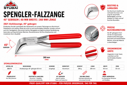 STUBAI Spengler-Falzzange 45° gebogen 60 mm | Aluminium, federleicht & rostfrei | Ergonomische Blechzange nur 280 g | Profi-Werkzeug für Dachdecker, Klempner & Metallbau | 260 mm Länge, präzise Handhabung