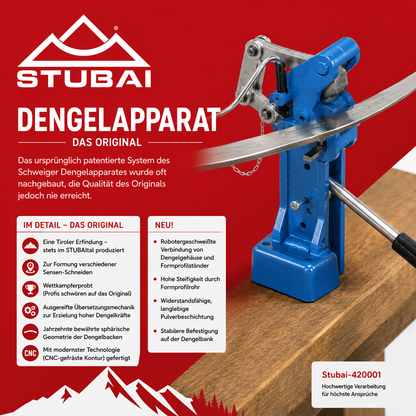 STUBAI Dengelapparat für Handbetrieb Original Sensendengelmaschine aus Tirol, professionelle Dengelmaschine für Sensen, robuste Stahlkonstruktion, präzise Dengelbacken, bewährte Qualität