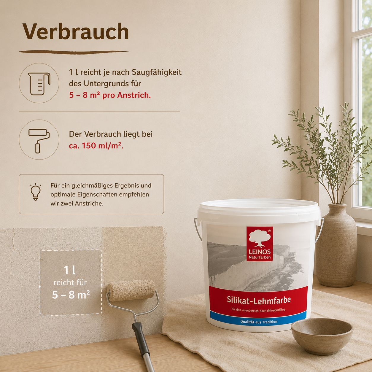 LEINOS Silikat-Lehmfarbe 689, naturweiß – Hochdeckende Wandfarbe für Innen, atmungsaktiv, lösemittelfrei, diffusionsoffen, geruchsarm, vegan, ideal für Lehmputz, Kalkputz, Putz – 2,5 L