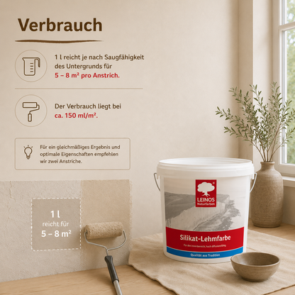 LEINOS Silikat-Lehmfarbe 689, naturweiß – Hochdeckende Wandfarbe für Innen, atmungsaktiv, lösemittelfrei, diffusionsoffen, geruchsarm, vegan, ideal für Lehmputz, Kalkputz, Putz – 2,5 L