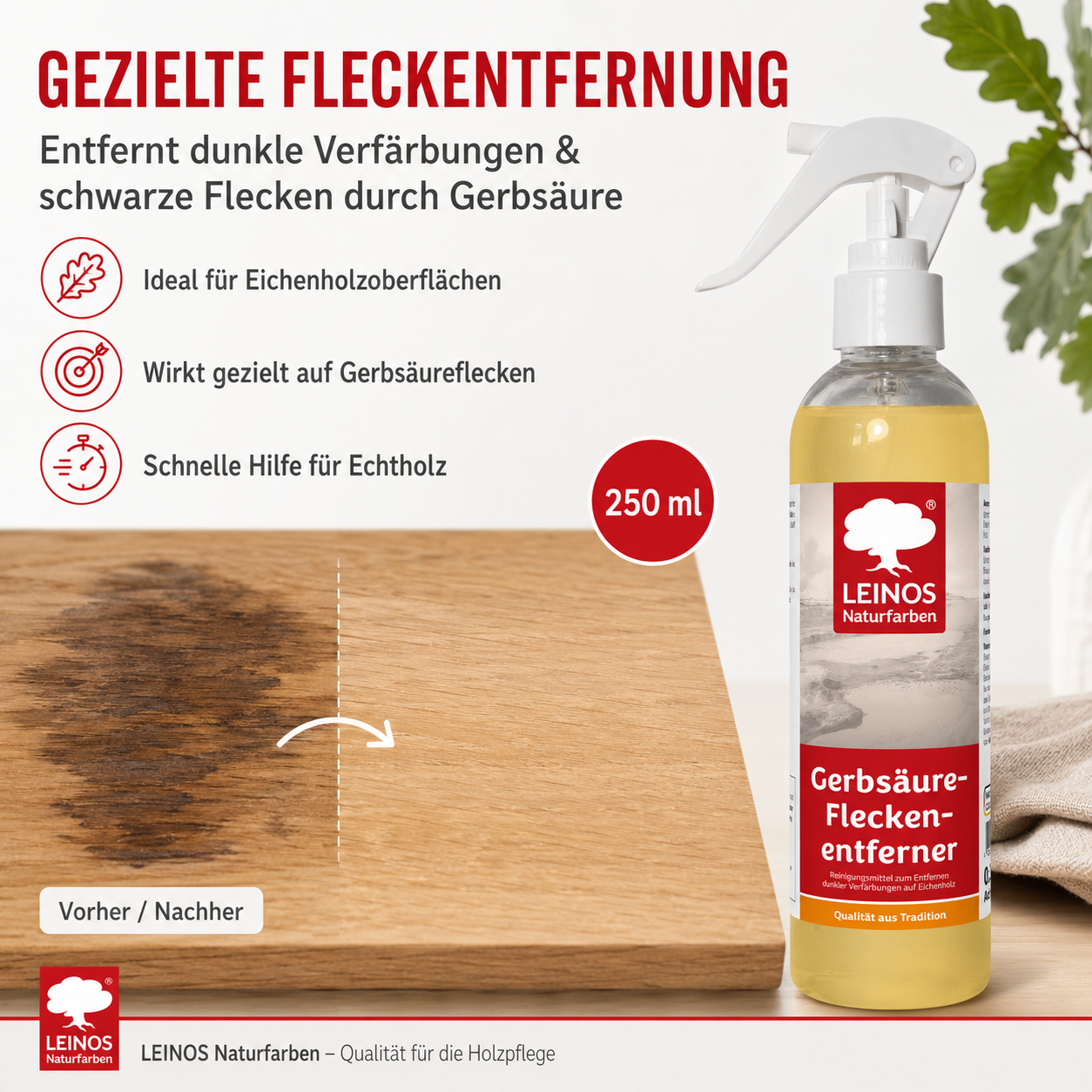 LEINOS Gerbsäureflecken Entferner 946 – 250ml Spezialreiniger für Eichenholz & Edelhölzer – entfernt dunkle Flecken & Verfärbungen durch Gerbsäure – Wasserbasiert, Biologisch Abbaubar & Farblos