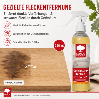 LEINOS Gerbsäureflecken Entferner 946 – 250ml Spezialreiniger für Eichenholz & Edelhölzer – entfernt dunkle Flecken & Verfärbungen durch Gerbsäure – Wasserbasiert, Biologisch Abbaubar & Farblos