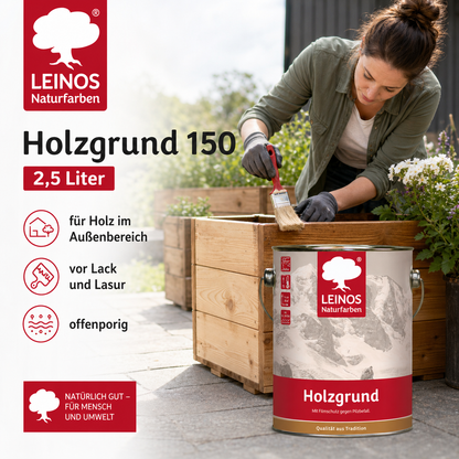 LEINOS 150 Holzgrund 2,5 l – offenporige Holzgrundierung für Lack- und Lasuranstriche außen, mit Filmschutz gegen Bläuebefall, tiefenwirksam, transparent-bräunlich, reicht bis ca. 60-80 m²