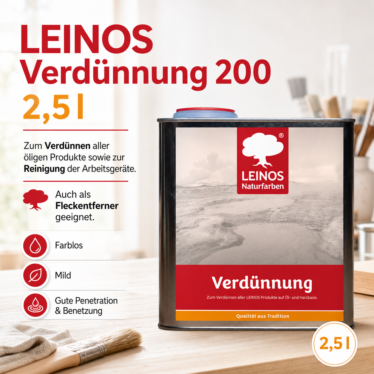LEINOS 200 Verdünnung 2,5 Liter | Zum Verdünnen aller öligen Produkte sowie zur Reinigung der Arbeitsgeräte. Auch als Fleckentferner geeignet.
