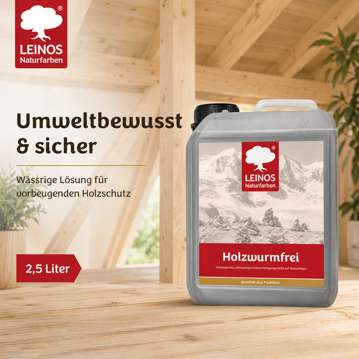 LEINOS Holzwurmfrei 2,5 Liter |  schützt  Holz durch physikalisch-mechanische Wirkung vor Pilz-  Insektenbefall | vorbeugendes, offenporiges Holzverfestigungsmittel,