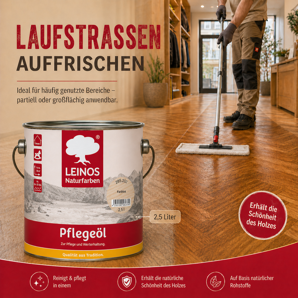LEINOS 285 Pflegeöl 202 Weiß  0,75 Liter | Zur Behandlung aller geölten und gewachsten Flächen wie Holz, Kork und Linoleum im Innenbereich |