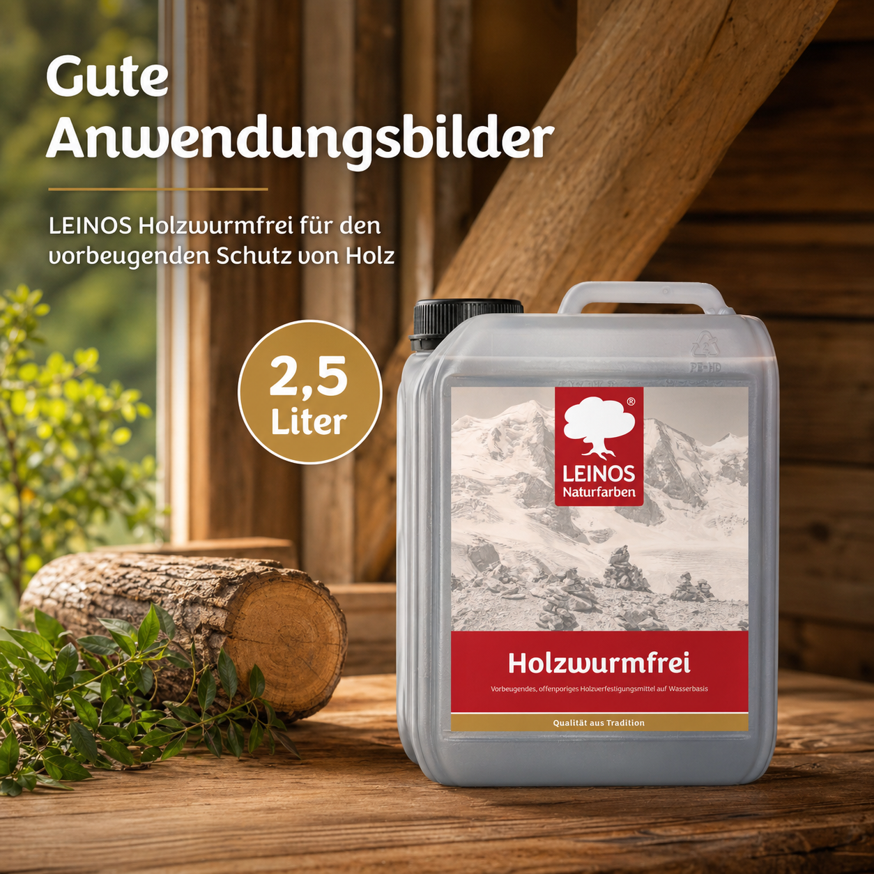 LEINOS Holzwurmfrei 2,5 Liter |  schützt  Holz durch physikalisch-mechanische Wirkung vor Pilz-  Insektenbefall | vorbeugendes, offenporiges Holzverfestigungsmittel,