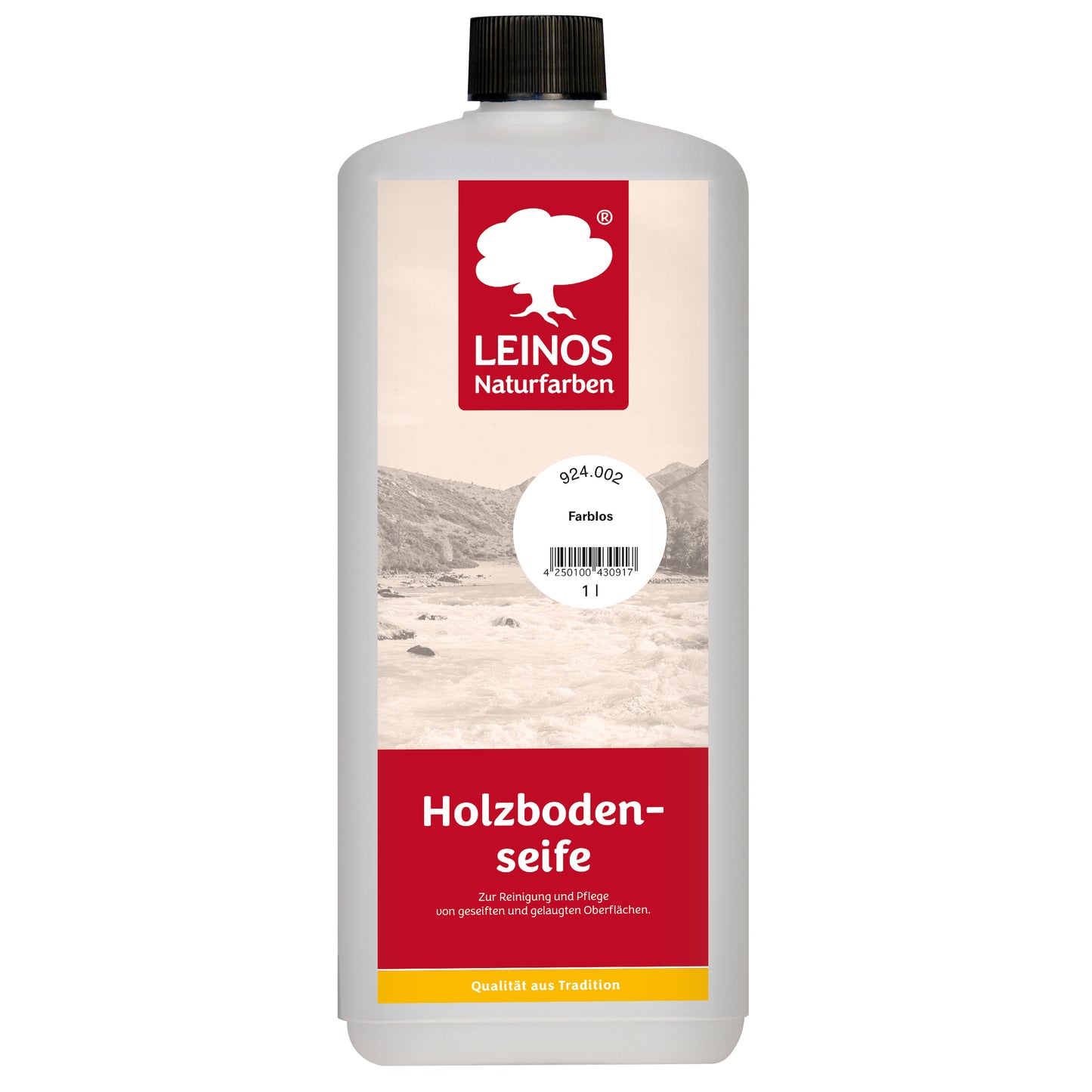 LEINOS Holzbodenseife 924 farblos 1,0 l – hochkonzentrierter Reiniger & Pflege für geseifte/gelaugte Böden innen & außen | rückfettend, ergiebig 1:20–1:40 | pflanzliche Rohstoffe