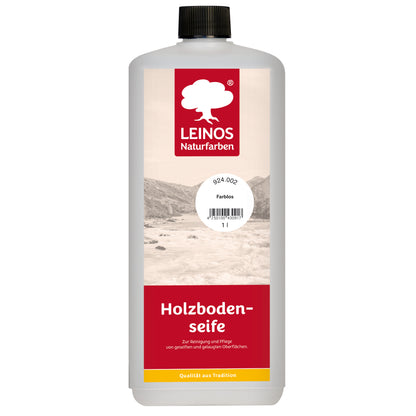LEINOS Holzbodenseife 924 farblos 1,0 l – hochkonzentrierter Reiniger & Pflege für geseifte/gelaugte Böden innen & außen | rückfettend, ergiebig 1:20–1:40 | pflanzliche Rohstoffe