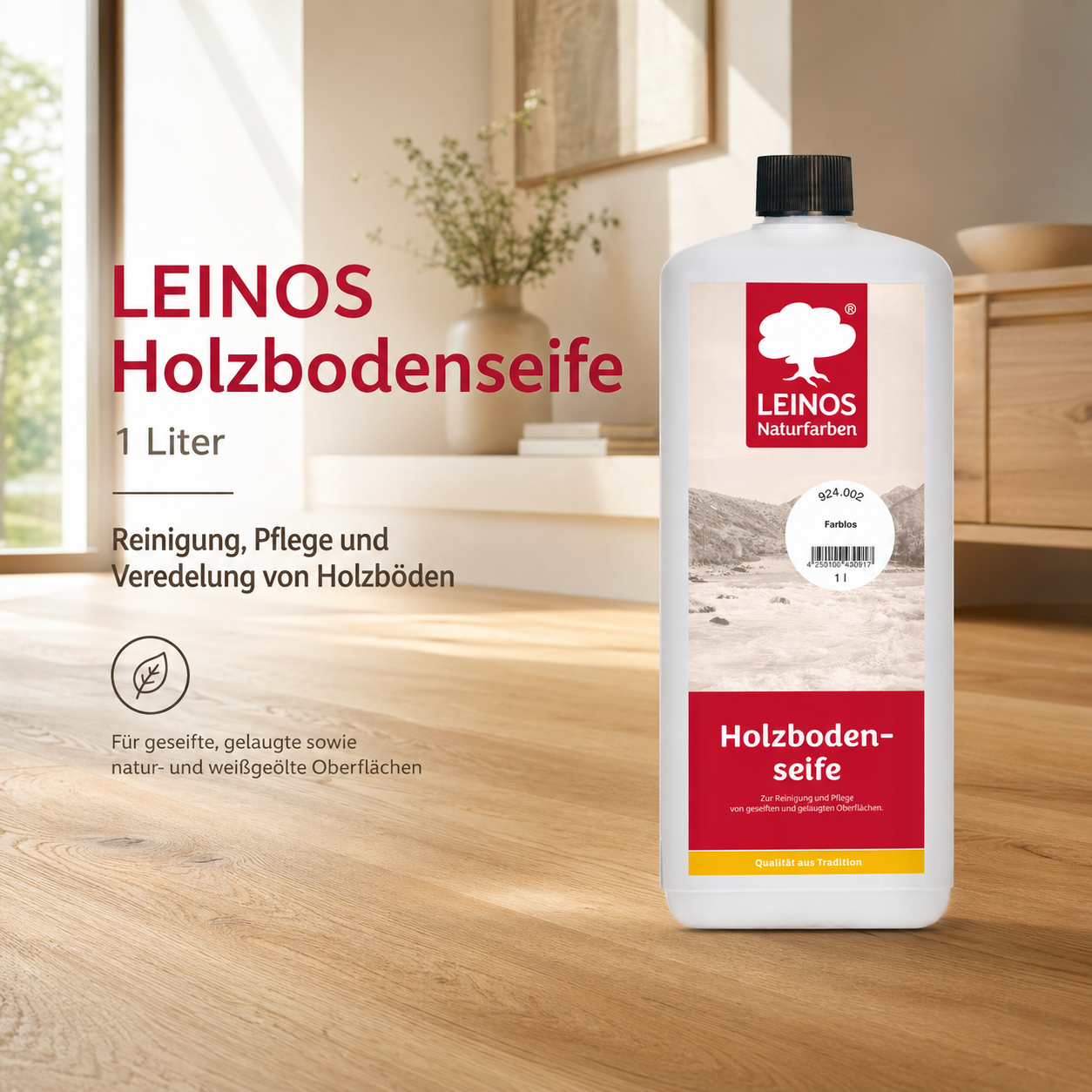 LEINOS Holzbodenseife 924 farblos 1,0 l – hochkonzentrierter Reiniger & Pflege für geseifte/gelaugte Böden innen & außen | rückfettend, ergiebig 1:20–1:40 | pflanzliche Rohstoffe