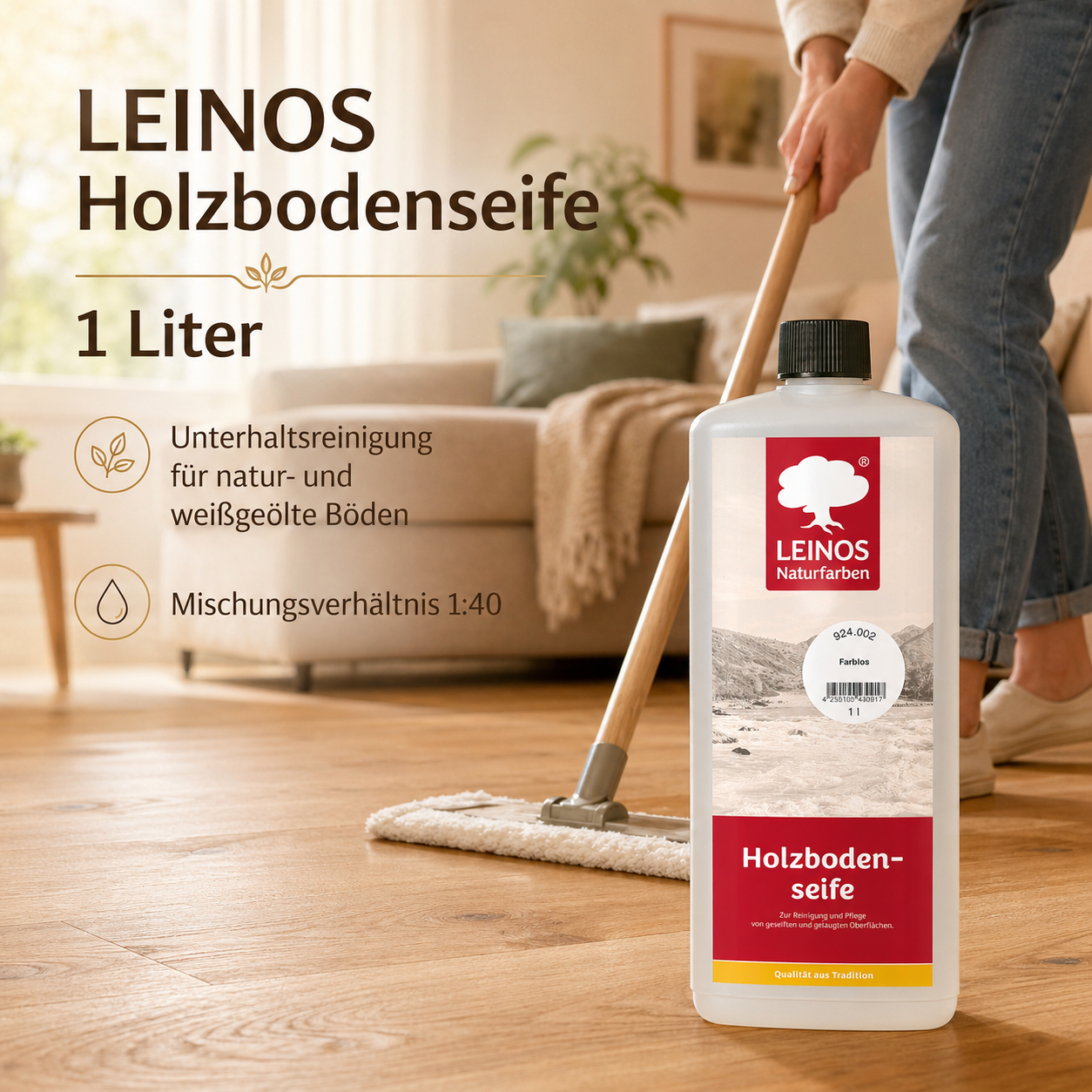 LEINOS Holzbodenseife 924 farblos 1,0 l – hochkonzentrierter Reiniger & Pflege für geseifte/gelaugte Böden innen & außen | rückfettend, ergiebig 1:20–1:40 | pflanzliche Rohstoffe