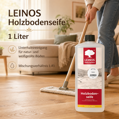 LEINOS Holzbodenseife 924 farblos 1,0 l – hochkonzentrierter Reiniger & Pflege für geseifte/gelaugte Böden innen & außen | rückfettend, ergiebig 1:20–1:40 | pflanzliche Rohstoffe