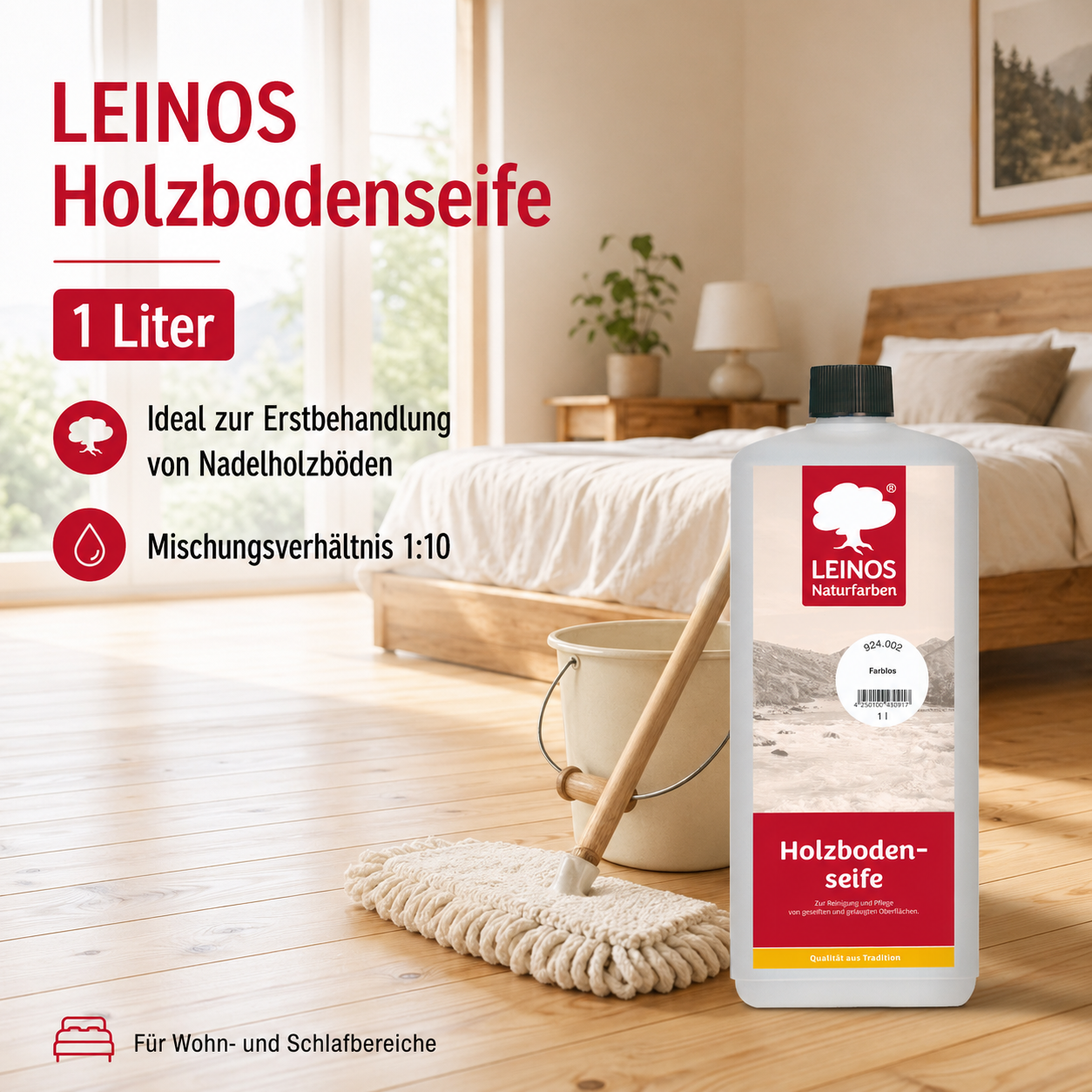 LEINOS Holzbodenseife 924 farblos 1,0 l – hochkonzentrierter Reiniger & Pflege für geseifte/gelaugte Böden innen & außen | rückfettend, ergiebig 1:20–1:40 | pflanzliche Rohstoffe