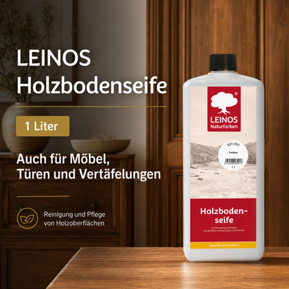 LEINOS Holzbodenseife 924 farblos 1,0 l – hochkonzentrierter Reiniger & Pflege für geseifte/gelaugte Böden innen & außen | rückfettend, ergiebig 1:20–1:40 | pflanzliche Rohstoffe