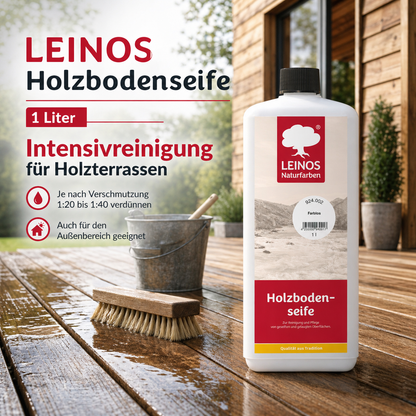 LEINOS Holzbodenseife 924 farblos 1,0 l – hochkonzentrierter Reiniger & Pflege für geseifte/gelaugte Böden innen & außen | rückfettend, ergiebig 1:20–1:40 | pflanzliche Rohstoffe
