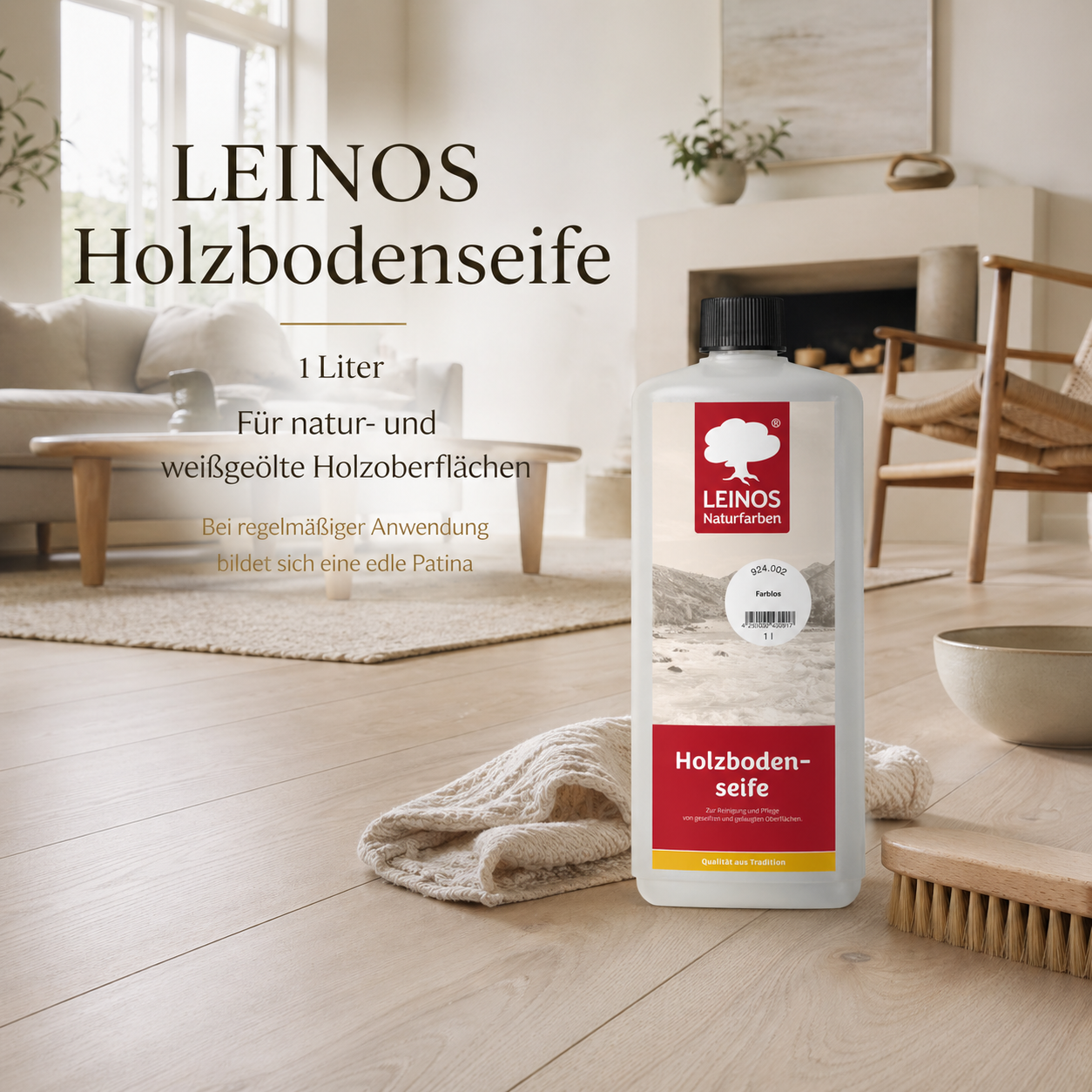 LEINOS Holzbodenseife 924 farblos 1,0 l – hochkonzentrierter Reiniger & Pflege für geseifte/gelaugte Böden innen & außen | rückfettend, ergiebig 1:20–1:40 | pflanzliche Rohstoffe