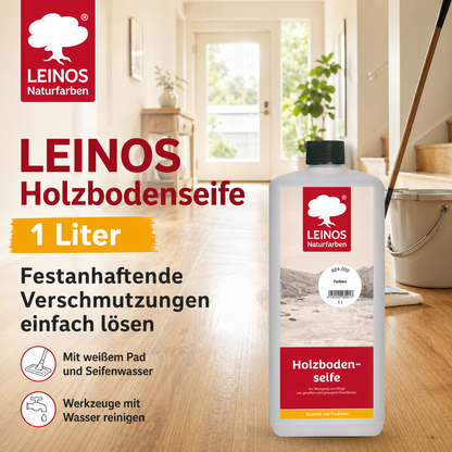 LEINOS Holzbodenseife 924 farblos 1,0 l – hochkonzentrierter Reiniger & Pflege für geseifte/gelaugte Böden innen & außen | rückfettend, ergiebig 1:20–1:40 | pflanzliche Rohstoffe
