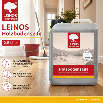 LEINOS Holzbodenseife 924 farblos 2,5 Liter – Erstbehandlung & Unterhaltsreinigung für gelaugte/geseifte Weichholzböden | rückfettend, hochkonzentriert | für Innenflächen