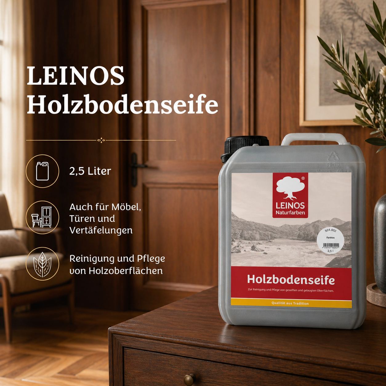 LEINOS Holzbodenseife 924 farblos 2,5 Liter – Erstbehandlung & Unterhaltsreinigung für gelaugte/geseifte Weichholzböden | rückfettend, hochkonzentriert | für Innenflächen