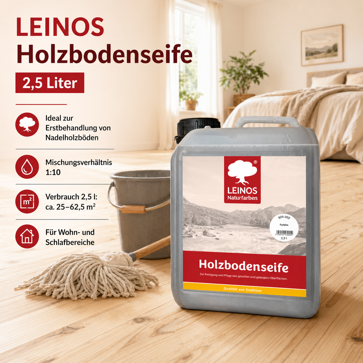 LEINOS Holzbodenseife 924 farblos 2,5 Liter – Erstbehandlung & Unterhaltsreinigung für gelaugte/geseifte Weichholzböden | rückfettend, hochkonzentriert | für Innenflächen