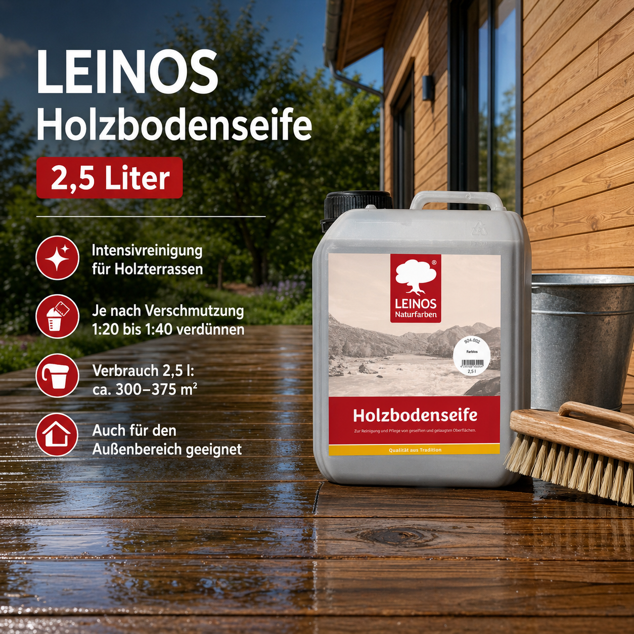 LEINOS Holzbodenseife 924 farblos 2,5 Liter – Erstbehandlung & Unterhaltsreinigung für gelaugte/geseifte Weichholzböden | rückfettend, hochkonzentriert | für Innenflächen