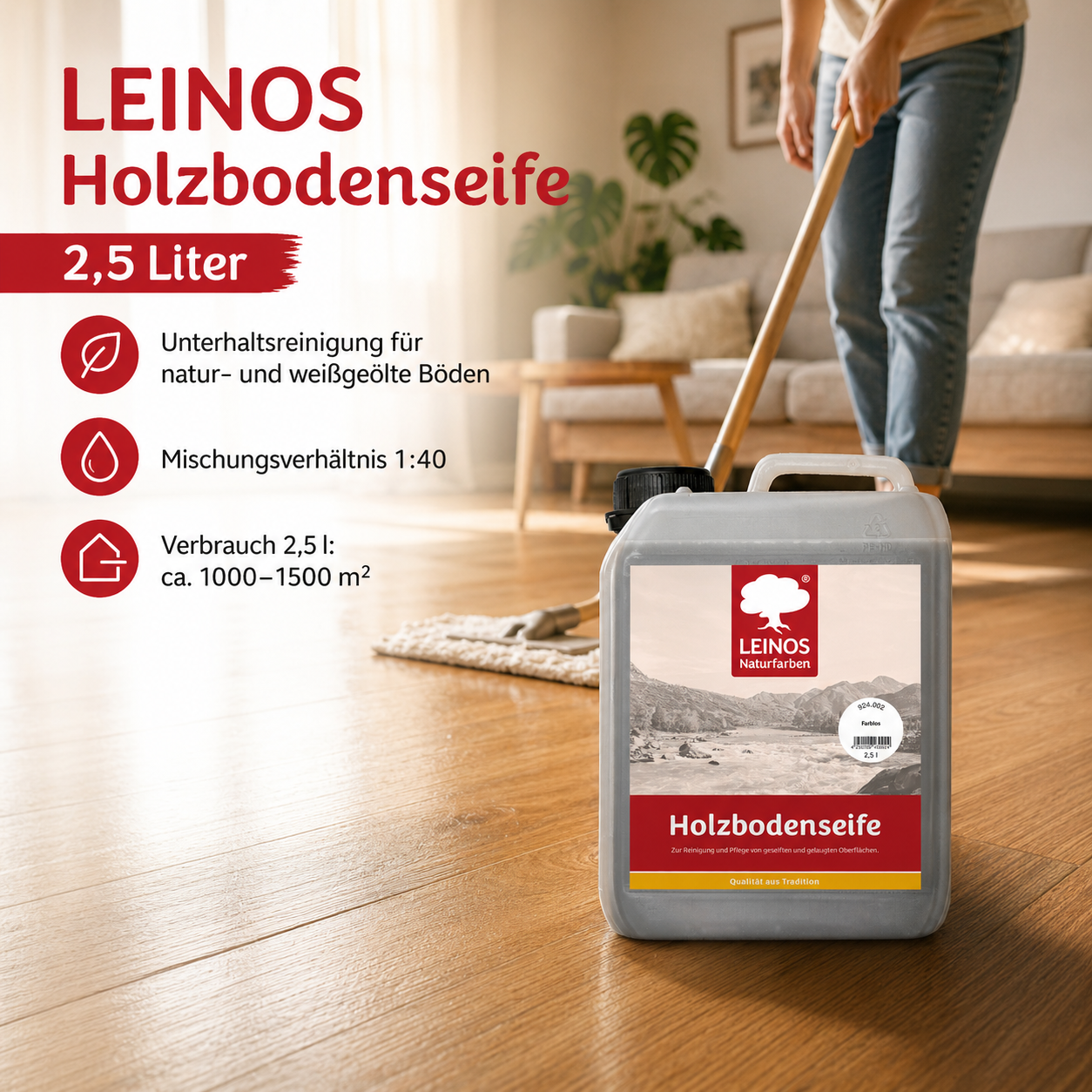 LEINOS Holzbodenseife 924 farblos 2,5 Liter – Erstbehandlung & Unterhaltsreinigung für gelaugte/geseifte Weichholzböden | rückfettend, hochkonzentriert | für Innenflächen