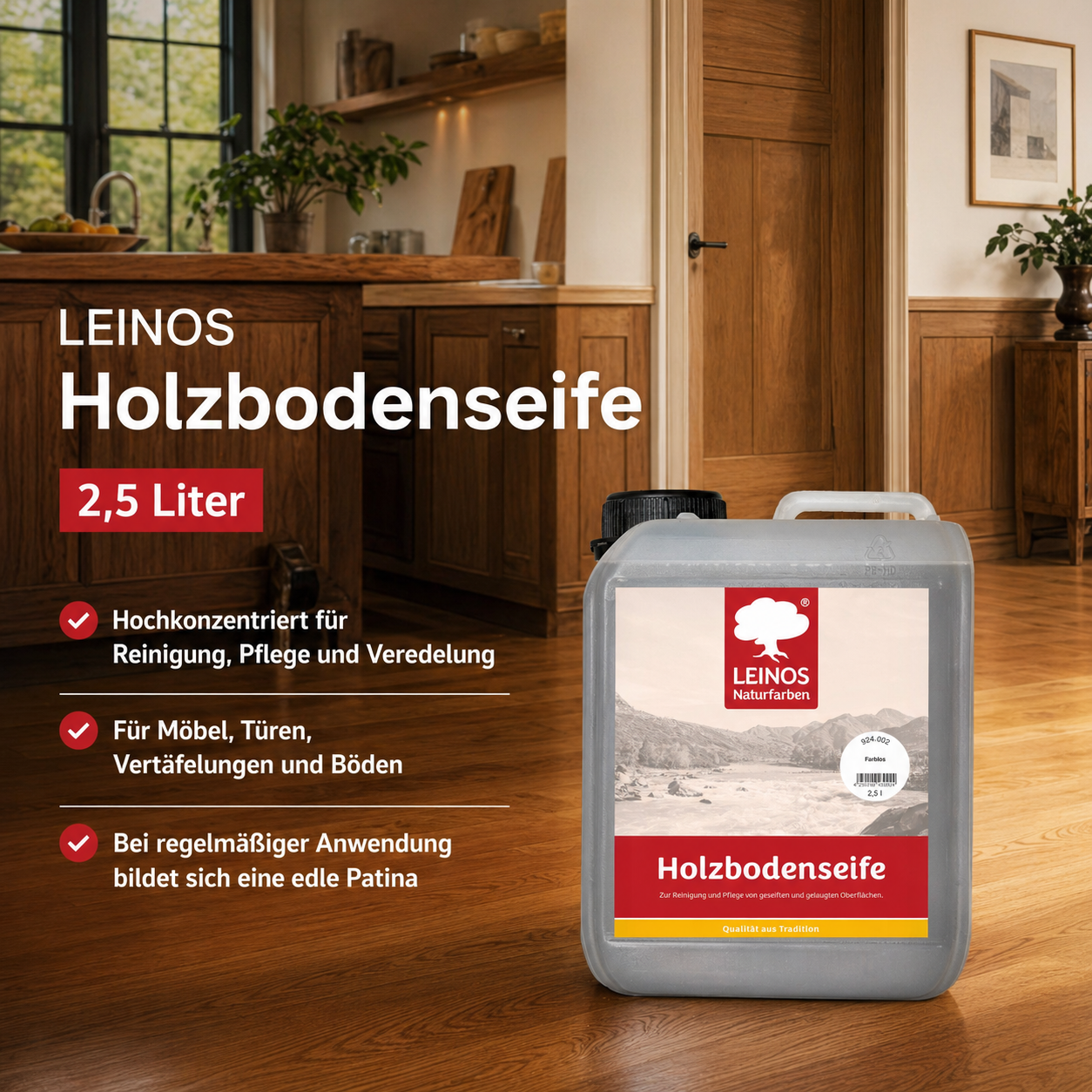 LEINOS Holzbodenseife 924 farblos 2,5 Liter – Erstbehandlung & Unterhaltsreinigung für gelaugte/geseifte Weichholzböden | rückfettend, hochkonzentriert | für Innenflächen
