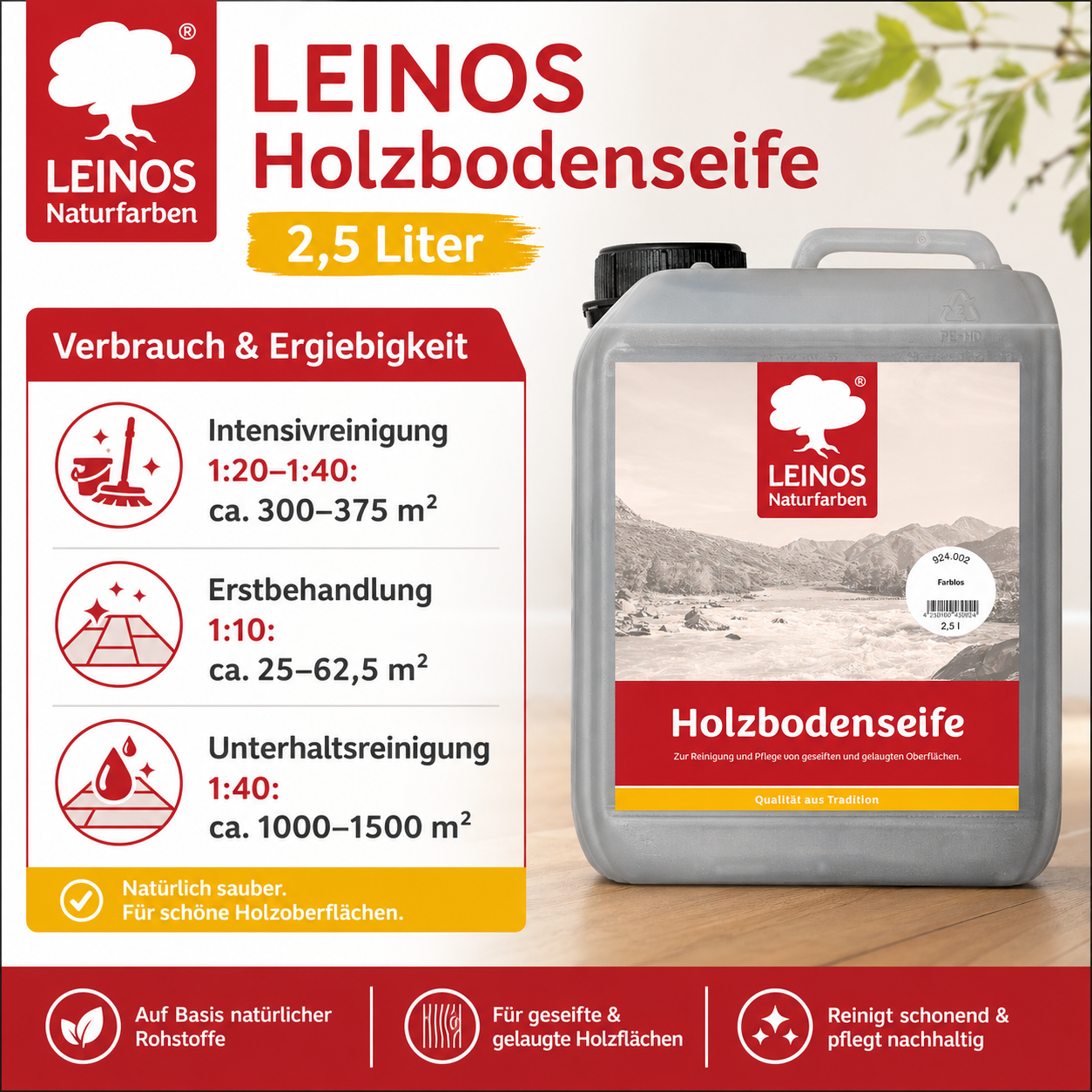 LEINOS Holzbodenseife 924 farblos 2,5 Liter – Erstbehandlung & Unterhaltsreinigung für gelaugte/geseifte Weichholzböden | rückfettend, hochkonzentriert | für Innenflächen
