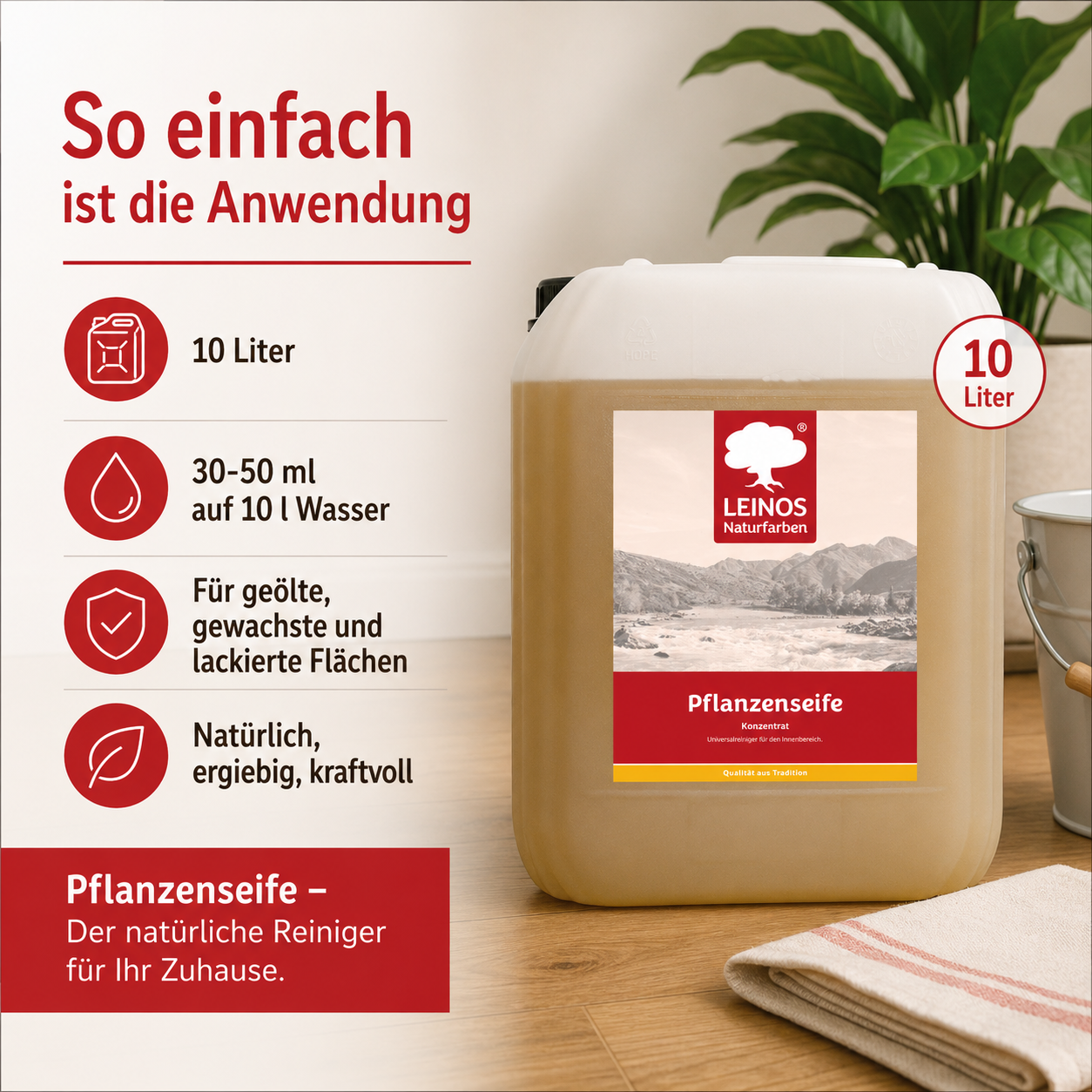Leinos-Pflanzenseife 930 10 Liter Naturseife  – Rückfettender Universalreiniger aus Pflanzenölen für geölte, gewachste & lackierte Flächen – natürlich, ergiebig & biologisch abbaubar