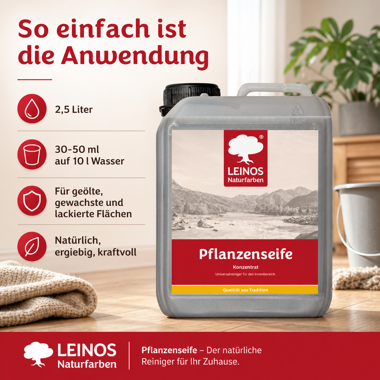 Leinos-Pflanzenseife 930 2,5 Liter Naturseife  – Rückfettender Universalreiniger aus Pflanzenölen für geölte, gewachste & lackierte Flächen – natürlich, ergiebig & biologisch abbaubar