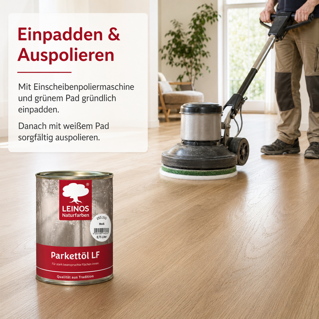LEINOS Parkettöl LF 253 weiß 0,75 L – Natürlich pigmentiertes Holzöl für Parkett & Dielen, lösemittelfrei, offenporig, UV-stabil & strapazierfähig – ideal für helle Holzfußböden im Innenbereich